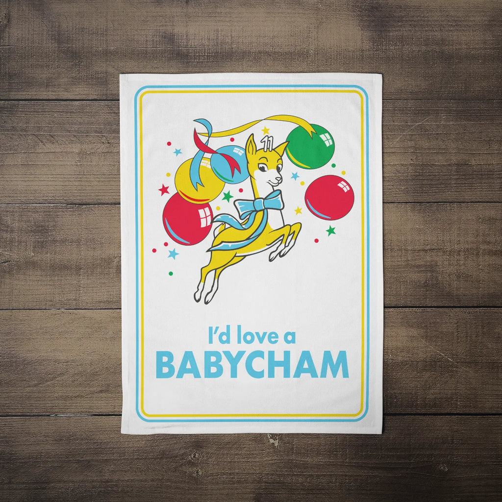 Babycham Tea Towel Id love a Babycham retro logo on a wooden background