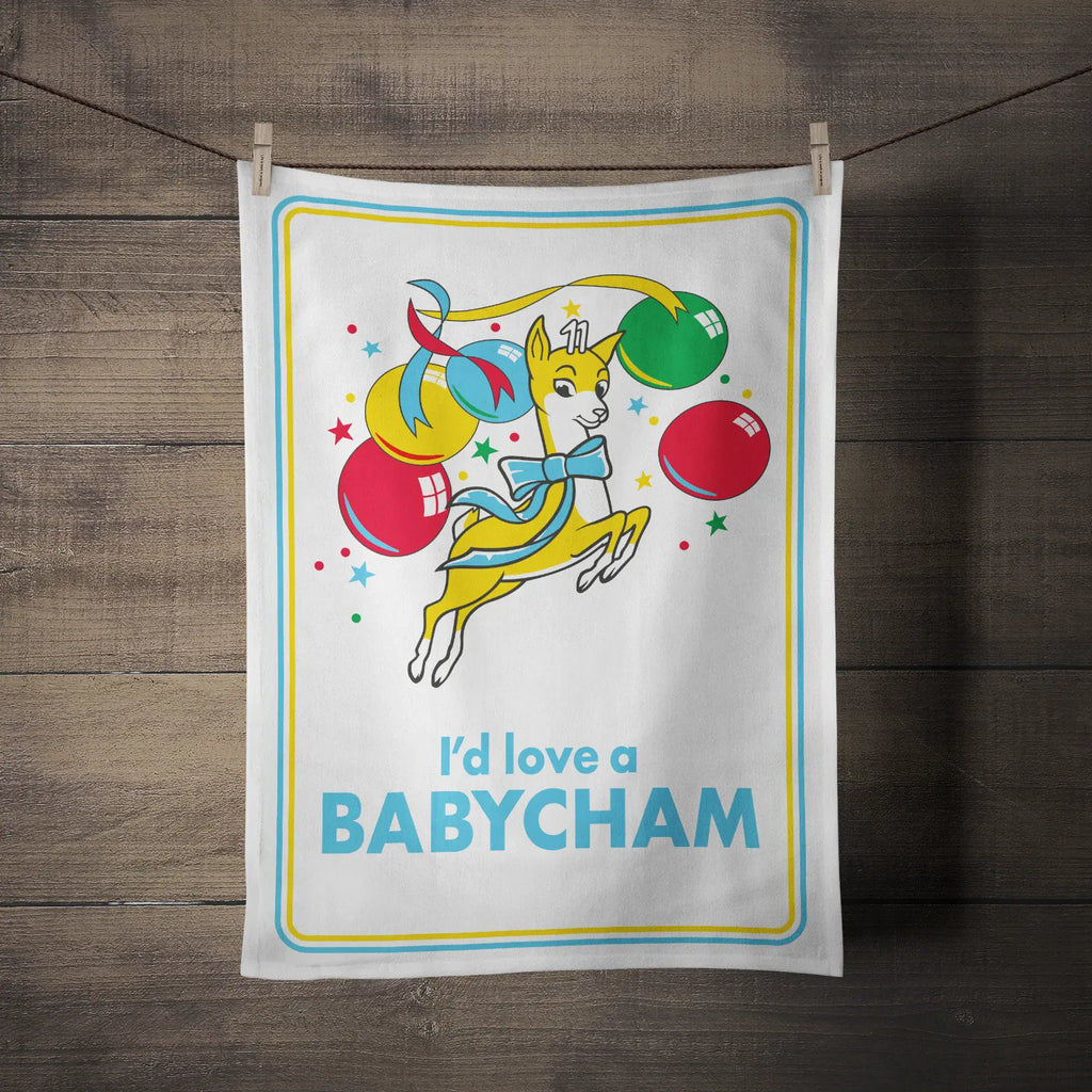 Babycham Tea Towel hanging on washing line